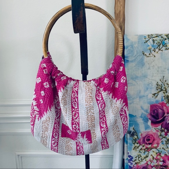 SARI-BARI BOHO PATCHWORK BEACH TOTE BAG BRUSHED COTTON OVERSIZED BAMBOO HANDLE - Picture 5 of 16